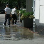Pressure washing sidewalks with no water recovery in place