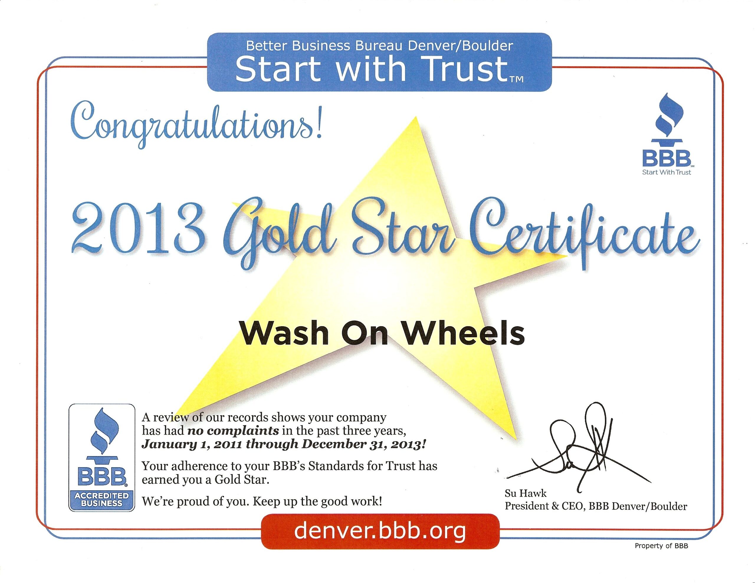 Better Business Bureau 2013 Gold Star Certfiicate